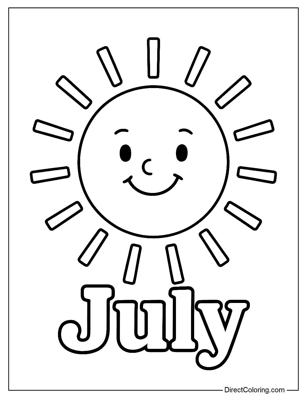 A coloring page of a smiling sun with the word 